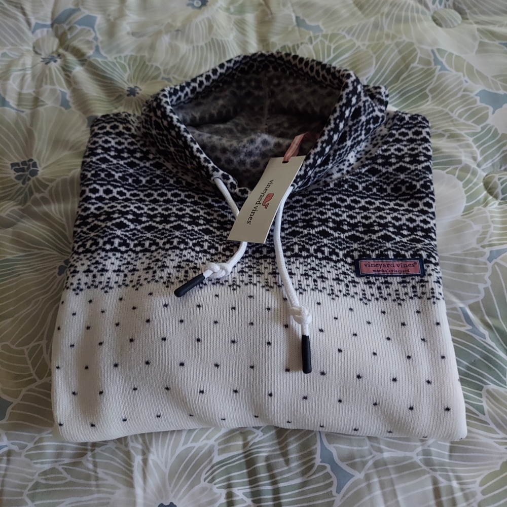 Vineyard Vines Black and White Fair Isle Sweater Fleece Funnel Neck